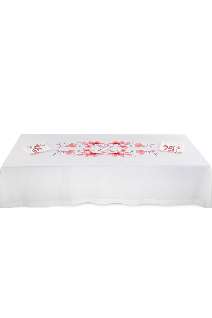 Sans Tabù Tovaglia Bianca in lino grezzo ricamata & 8 tovaglioli - Peach Blossom Acquista Ora