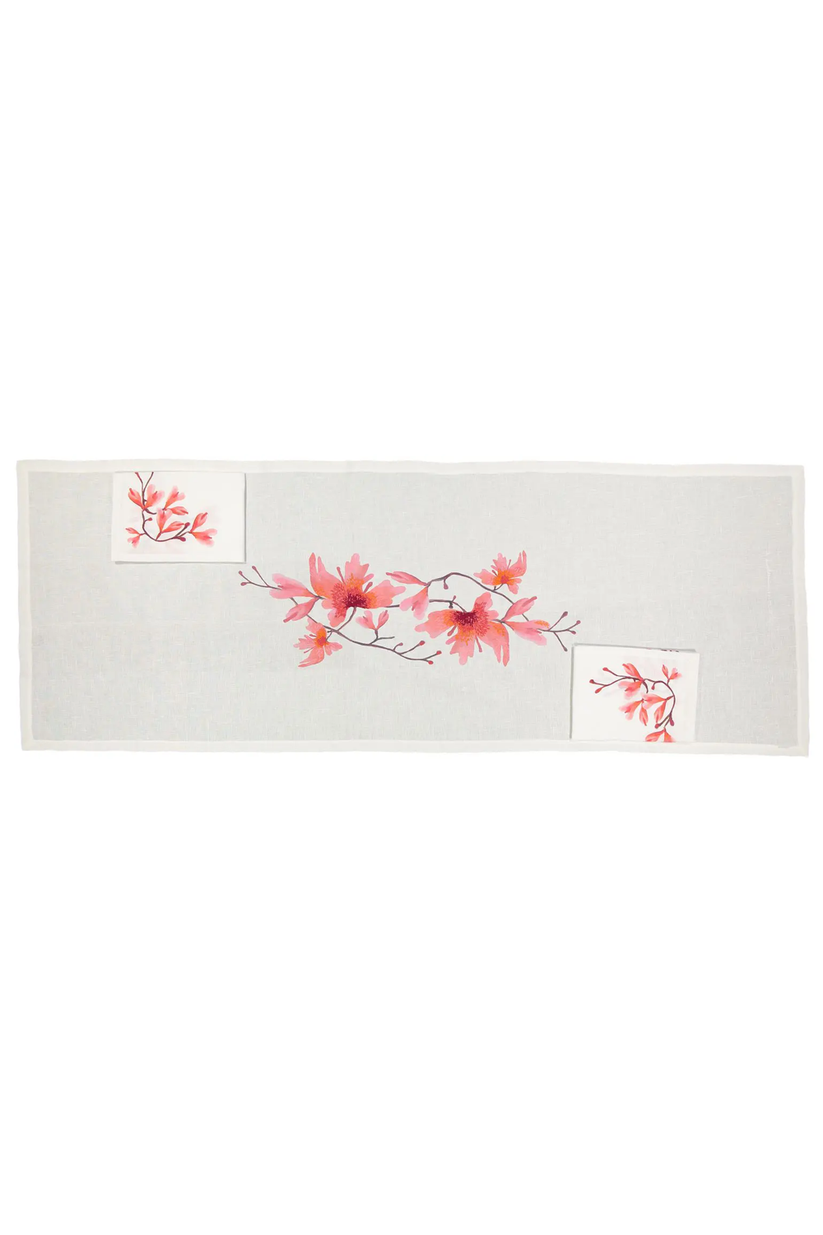 Sans Tabù Runner in lino grezzo ricamato & 2 tovaglioli - Peach Blossom Consegna Veloce