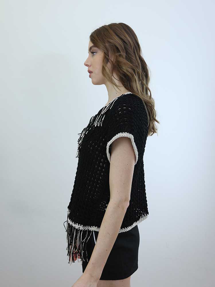 Tricot à Porter MAGLIA CUBO SENZA MANICHE SCOLLO V CON FRANGE Moda