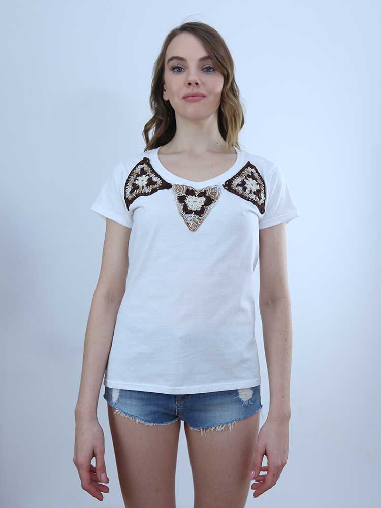 Tricot à Porter T-SHIRT SCOLLO PROFONDO APPLICAZIONI CROCHET Negozi Online