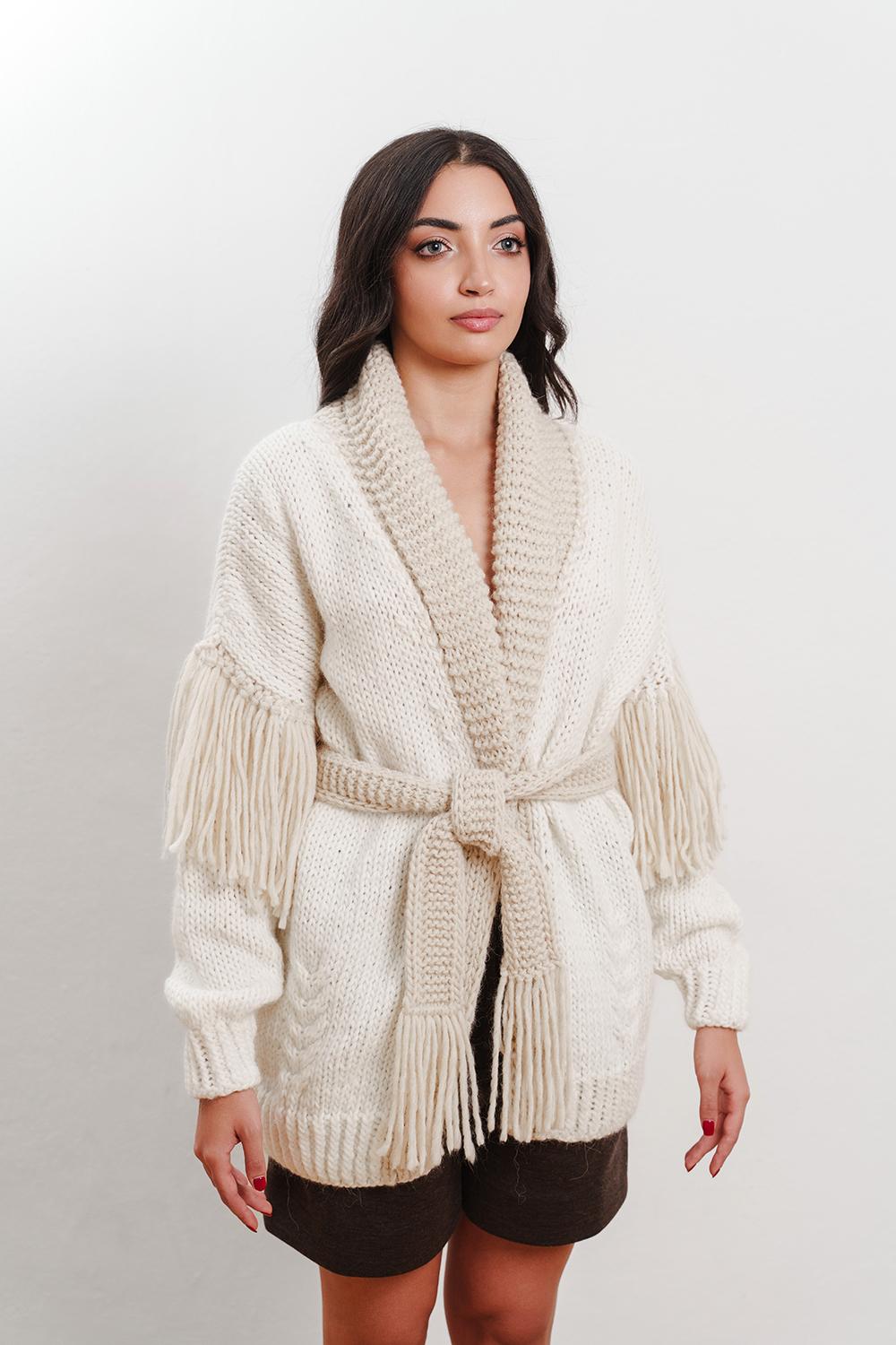Tricot à Porter Cardigan collo a scialle cintura e frange sul giro manica basso I Più Venduti