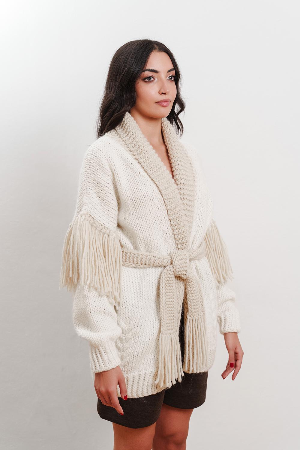 Tricot à Porter Cardigan collo a scialle cintura e frange sul giro manica basso I Più Venduti