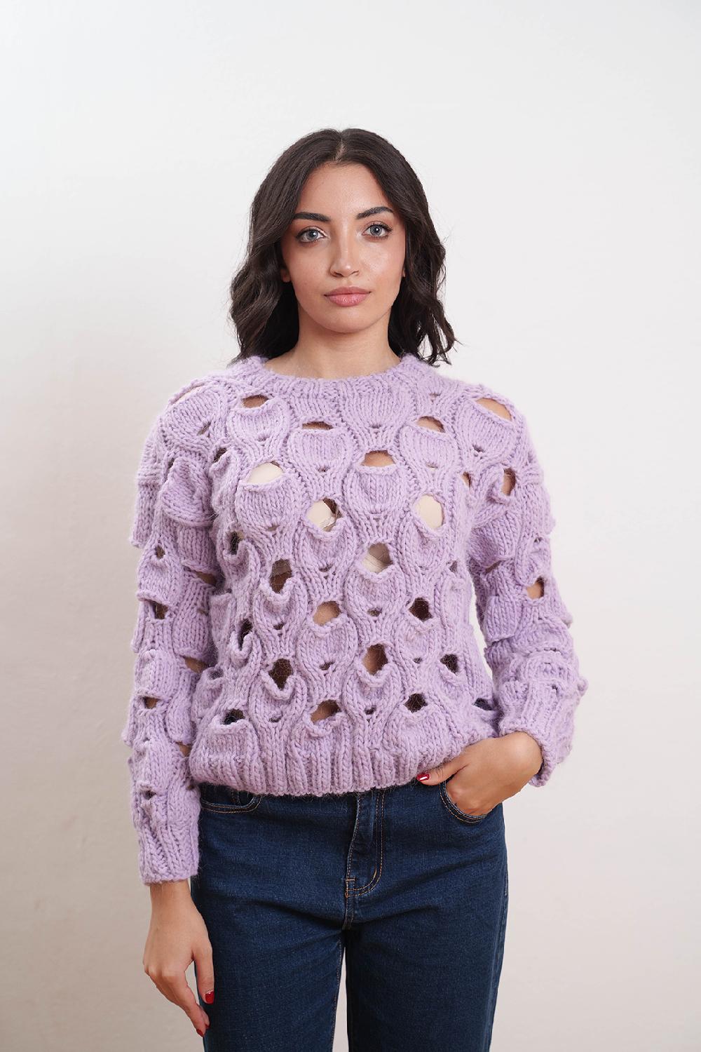 Tricot à Porter Maglia girocollo in lana traforata all over Nuova