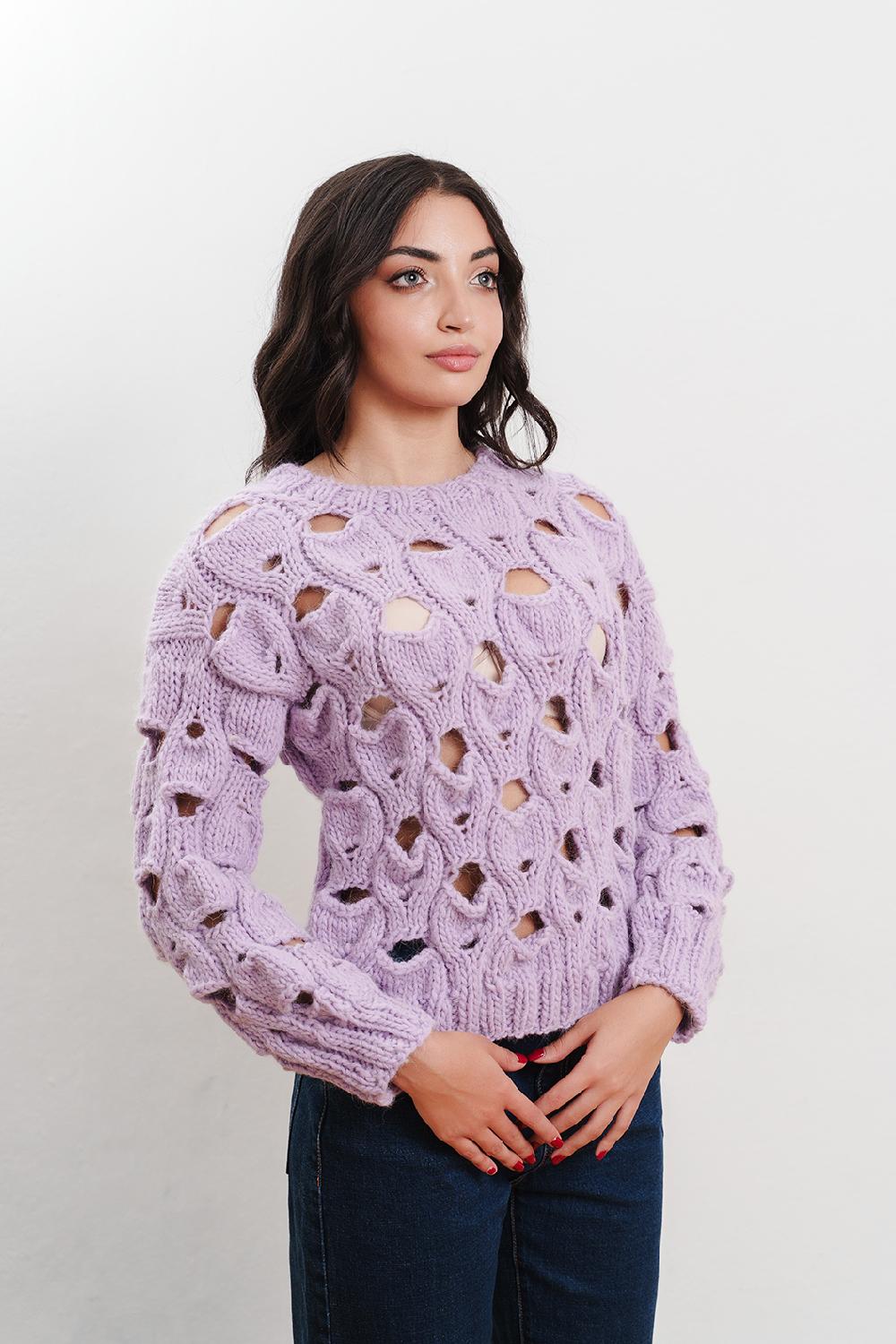 Tricot à Porter Maglia girocollo in lana traforata all over Nuova