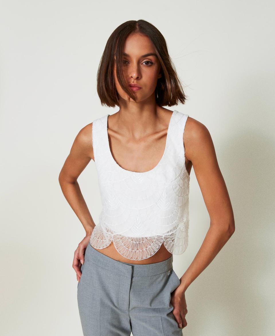 Twin Set Top in crêpe cady e organza ricamata Super Saving Price