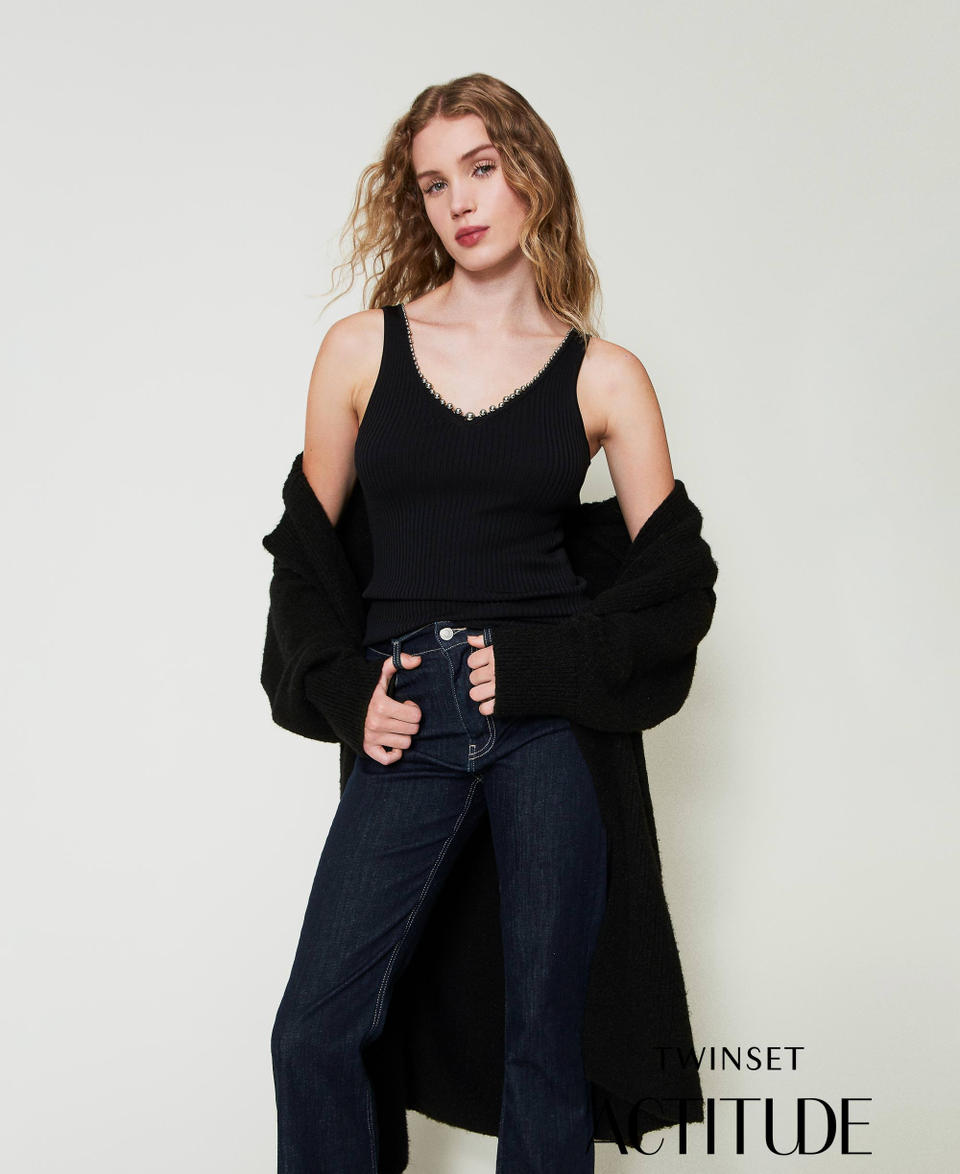 Twin Set Top in maglia a costine con perline Ultimi due giorni