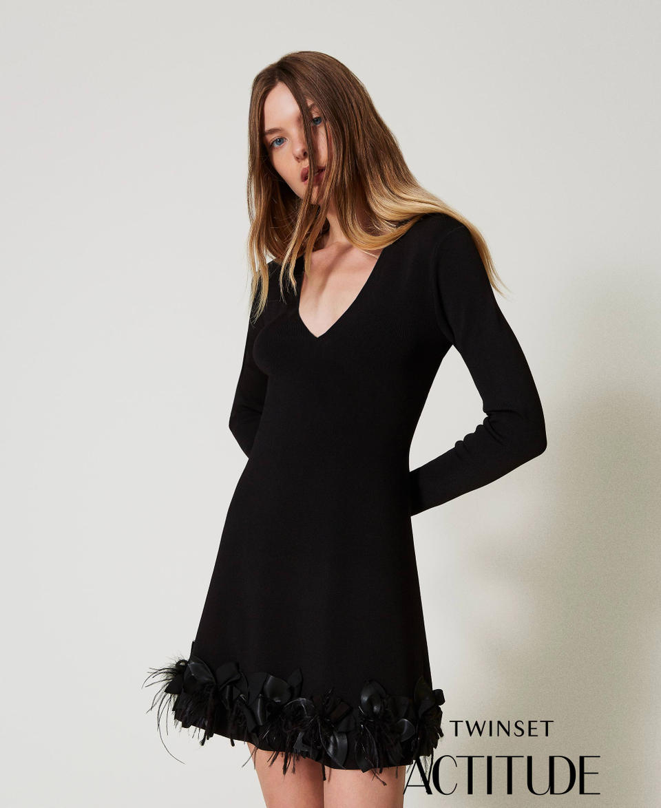 Twin Set Abito corto in maglia con fiori e piume Offerta speciale della fabbrica