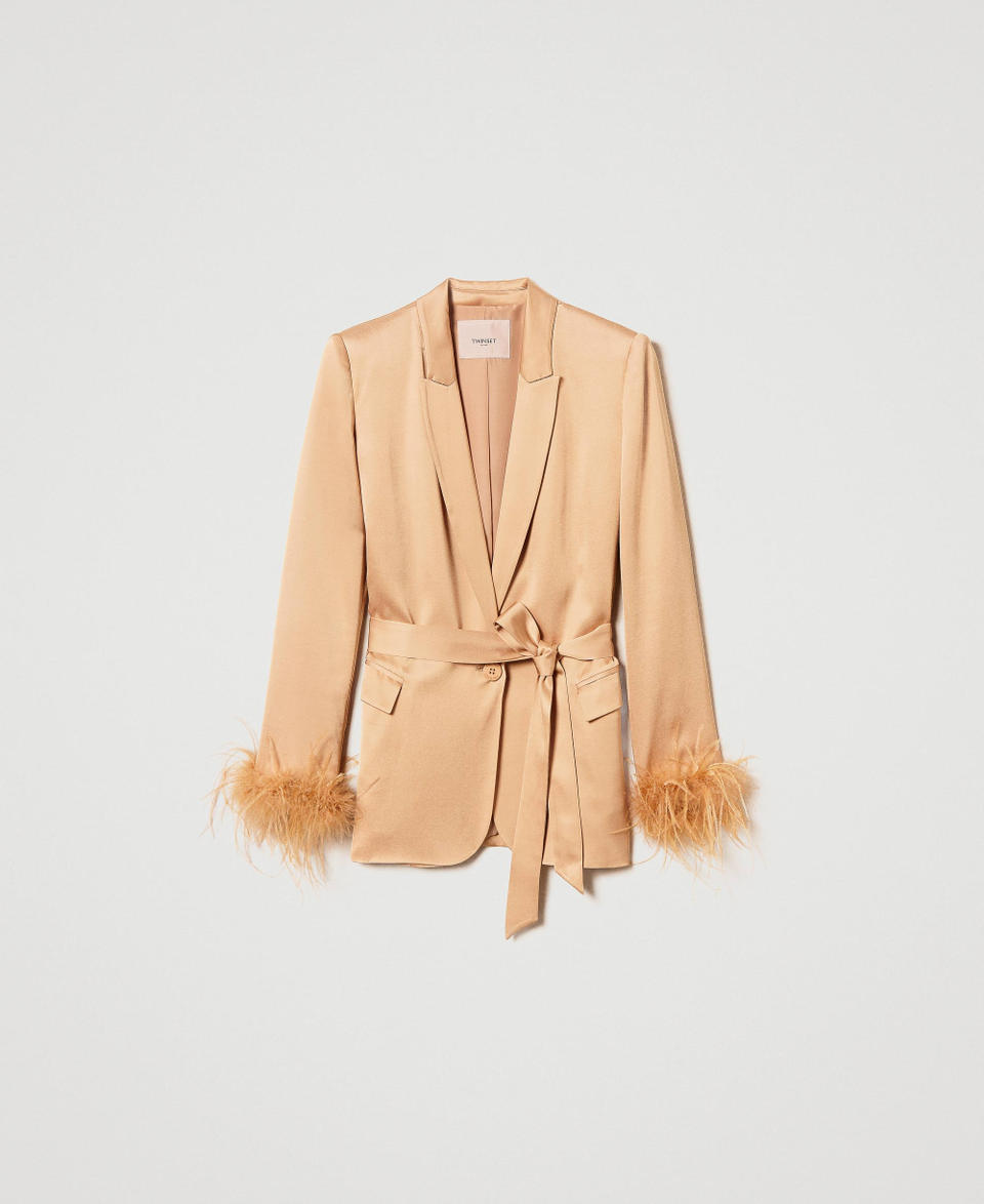 Twin Set Giacca blazer in raso con piume Vendita Calda