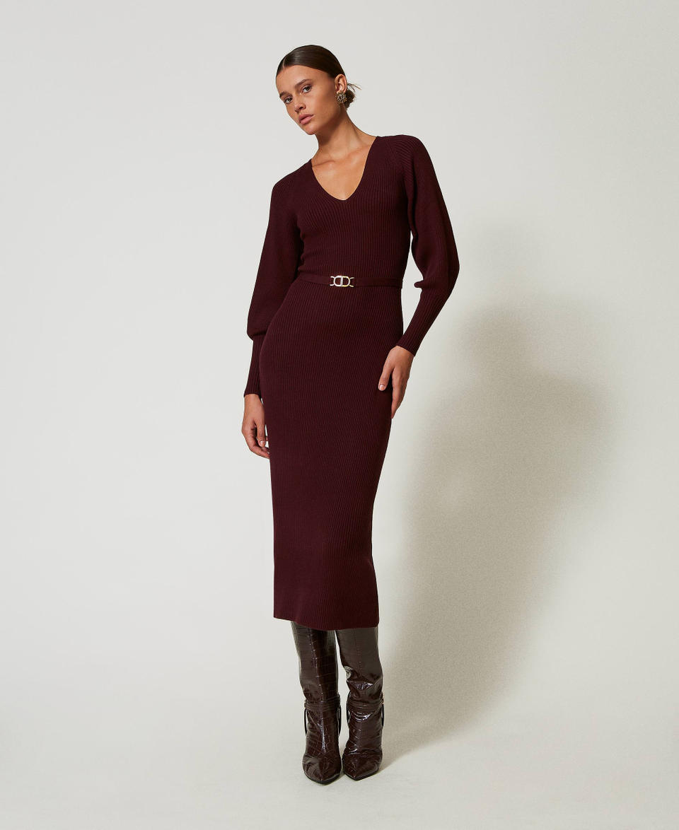 Twin Set Abito lungo in maglia a costine con cintura Liquidazione