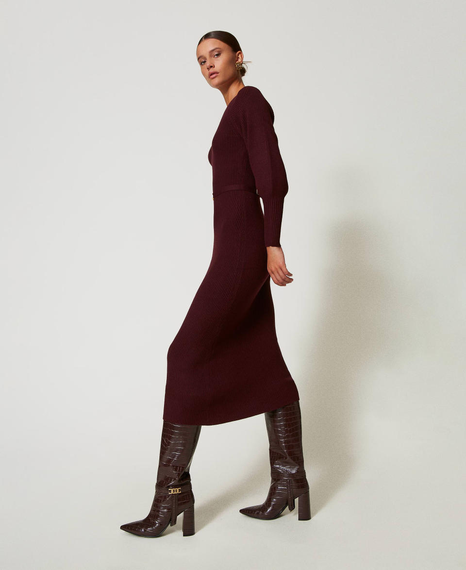 Twin Set Abito lungo in maglia a costine con cintura Liquidazione