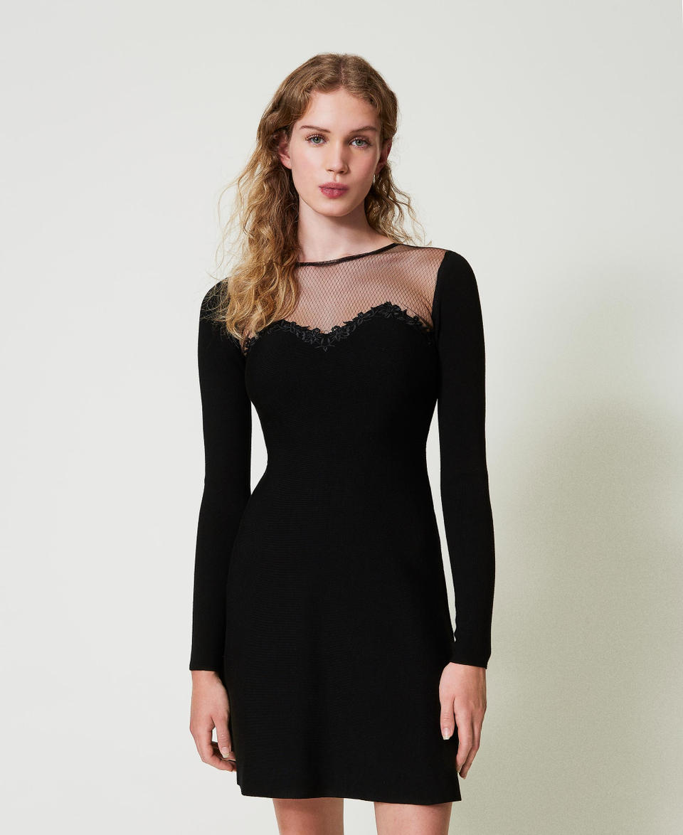 Twin Set Abito corto in maglia con tulle e ricamo Vendita Economica