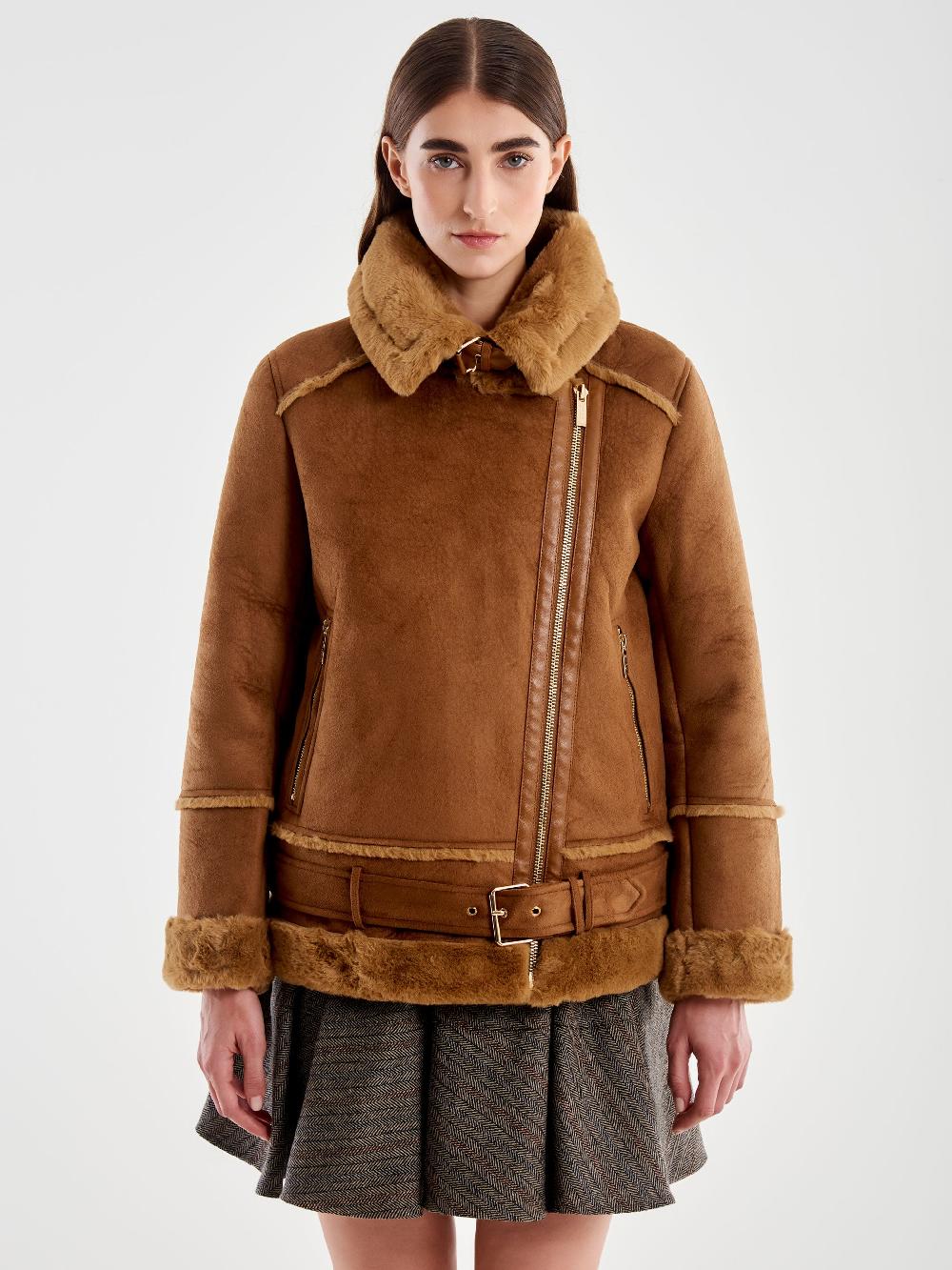 ﻿Vicolo Giubbotto Biker Oversized Scamosciato Cammello Economico