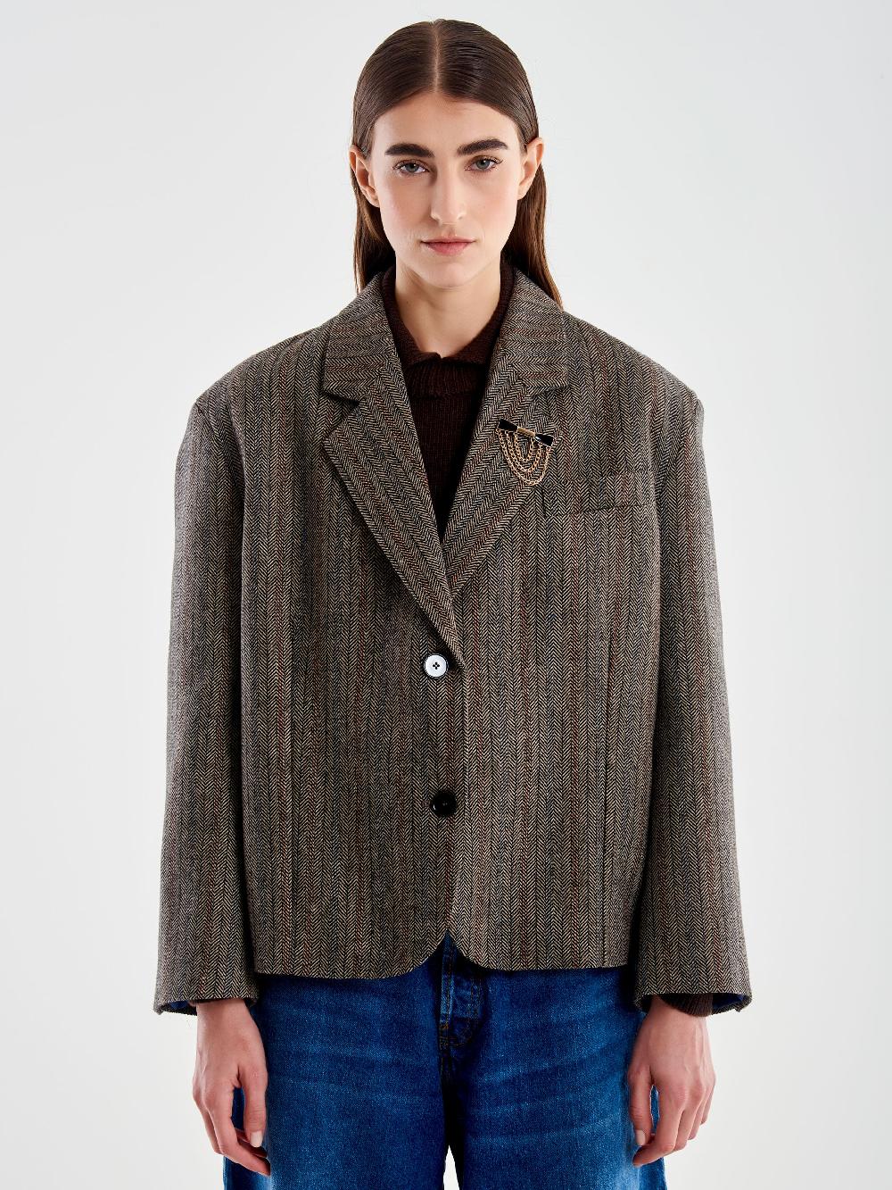 Vicolo Giacca Oversized Cropped Spinato Marrone Offerte