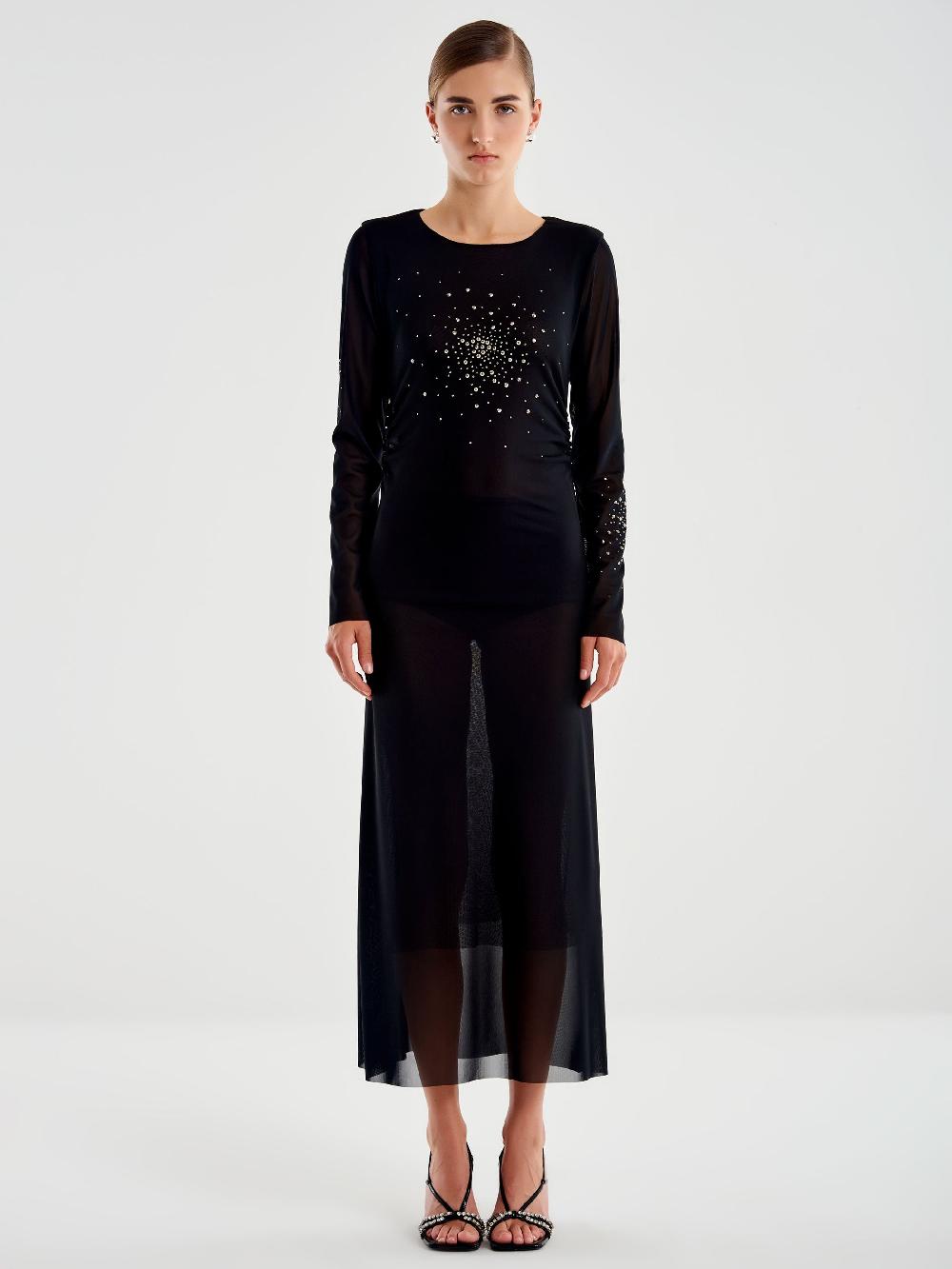 Vicolo Abito lungo in Tulle Trasparente con Strass Nero Spedizione Gratuita