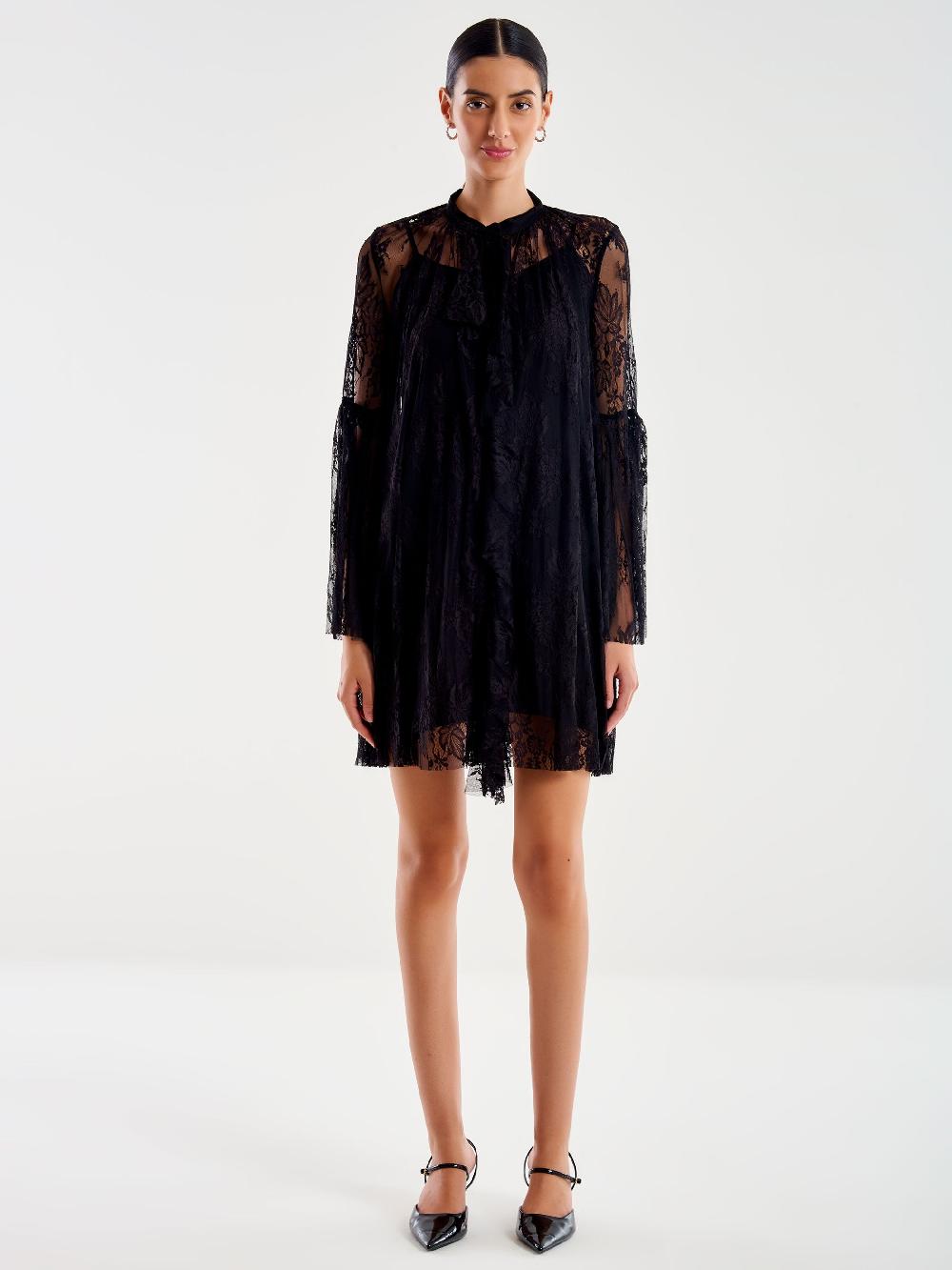 Vicolo Abito Corto in Pizzo con Jabot Nero Shopping Online