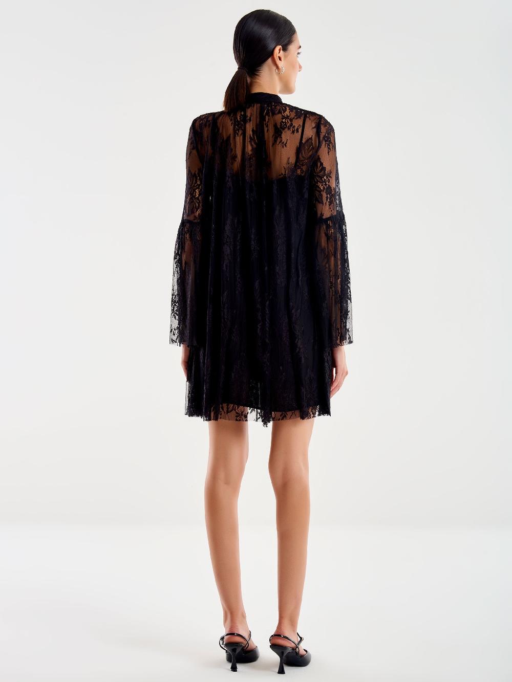Vicolo Abito Corto in Pizzo con Jabot Nero Shopping Online