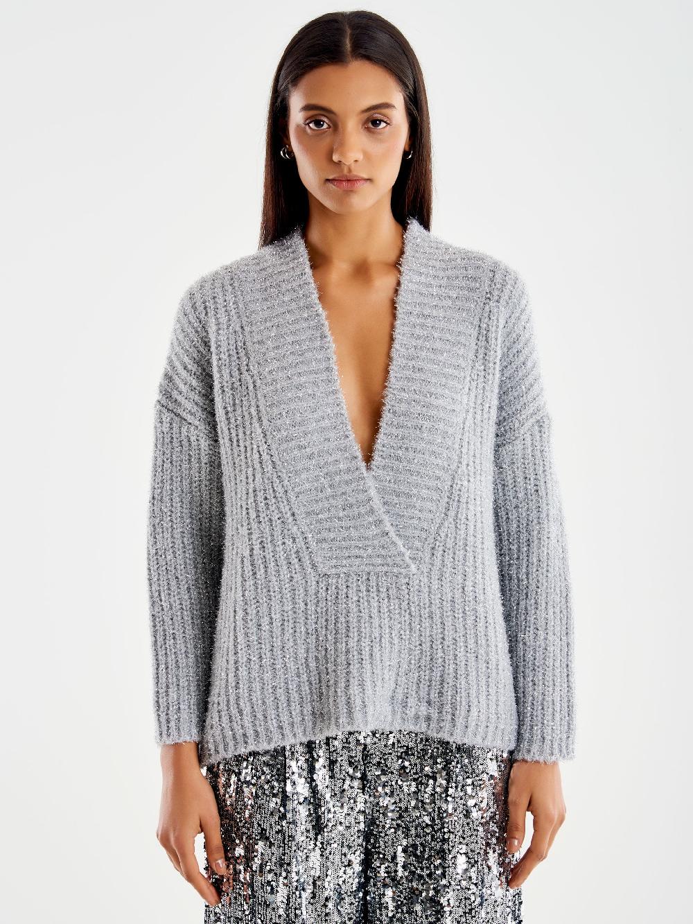 Vicolo Pull Scollo a V Profondo Lurex Grigio Novità