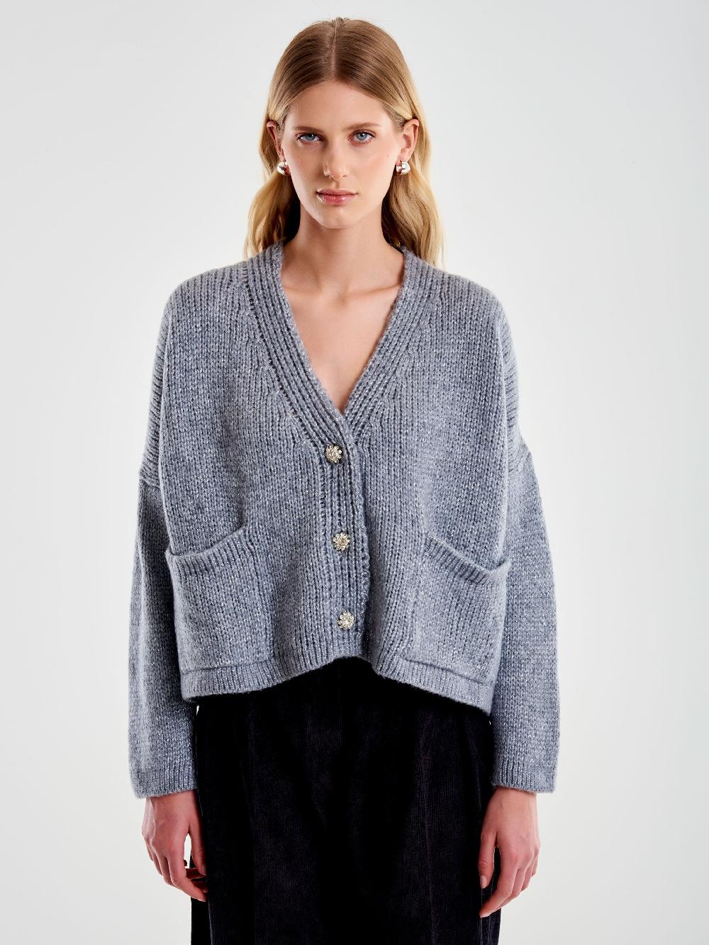 Vicolo Cardigan Bottoni Gioiello e Scollo a V Grigio Sconto
