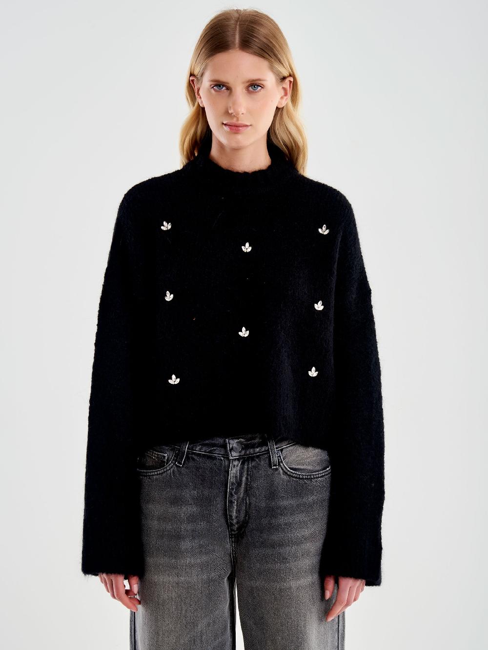Vicolo Pull Girocollo con Cabochon Applicati Nero Offerta