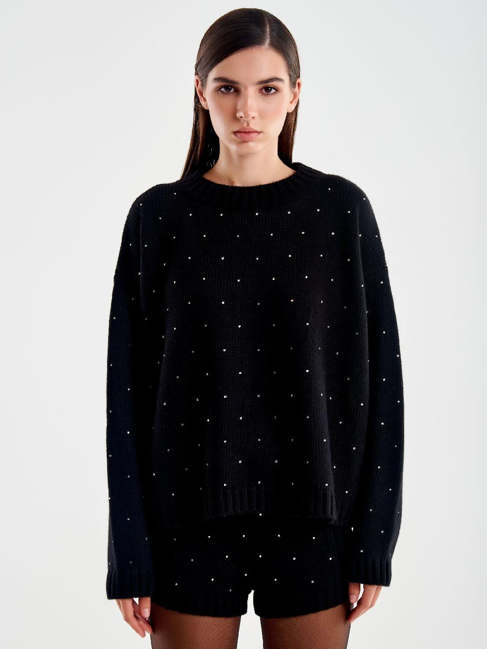 Vicolo Pullover Girocollo con Strass Nero Economico