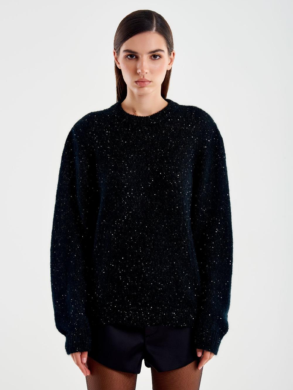 Vicolo Pull Girocollo con Bottoni Retro e Strass Nero Vendita Calda