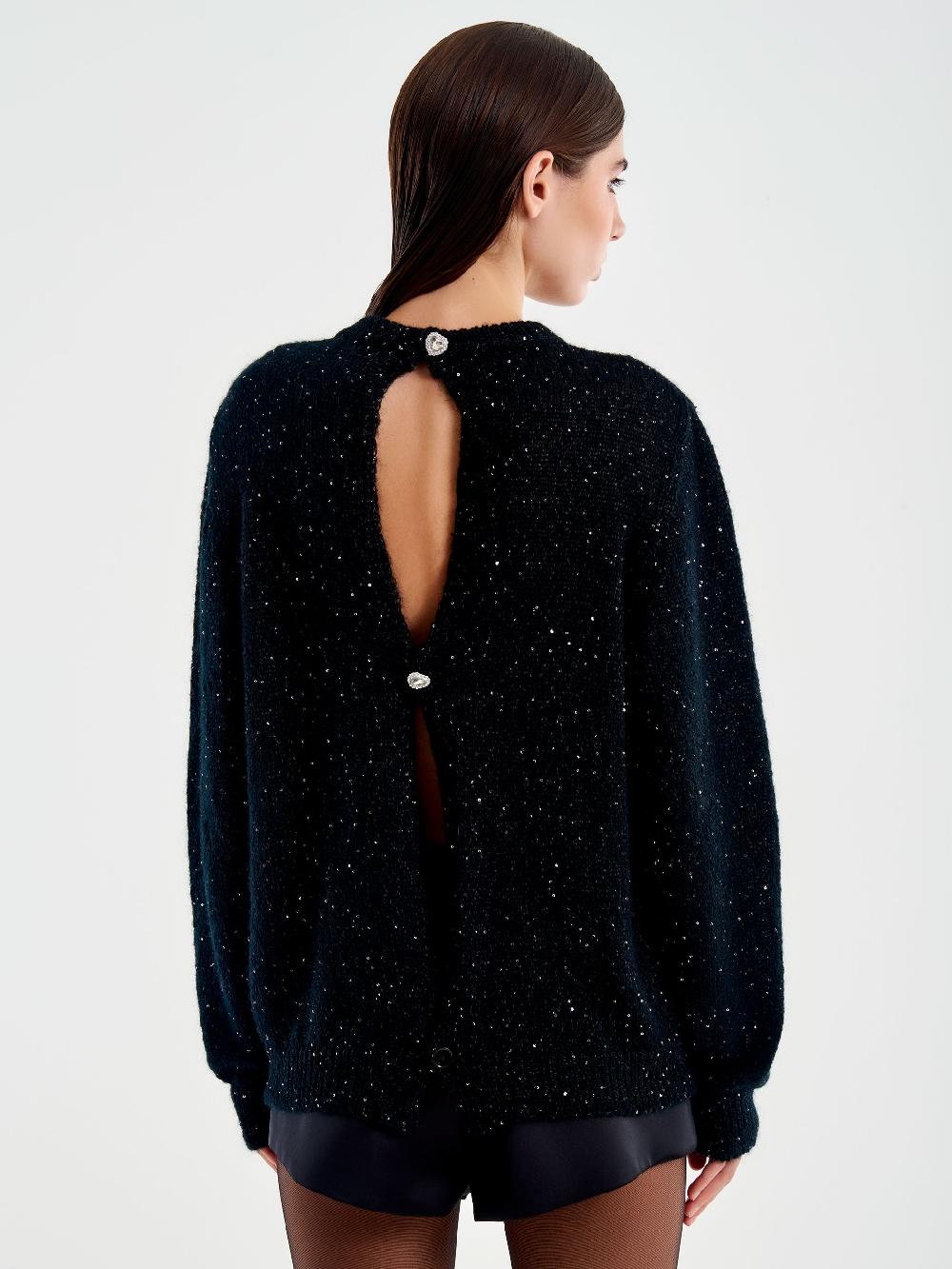 Vicolo Pull Girocollo con Bottoni Retro e Strass Nero Vendita Calda