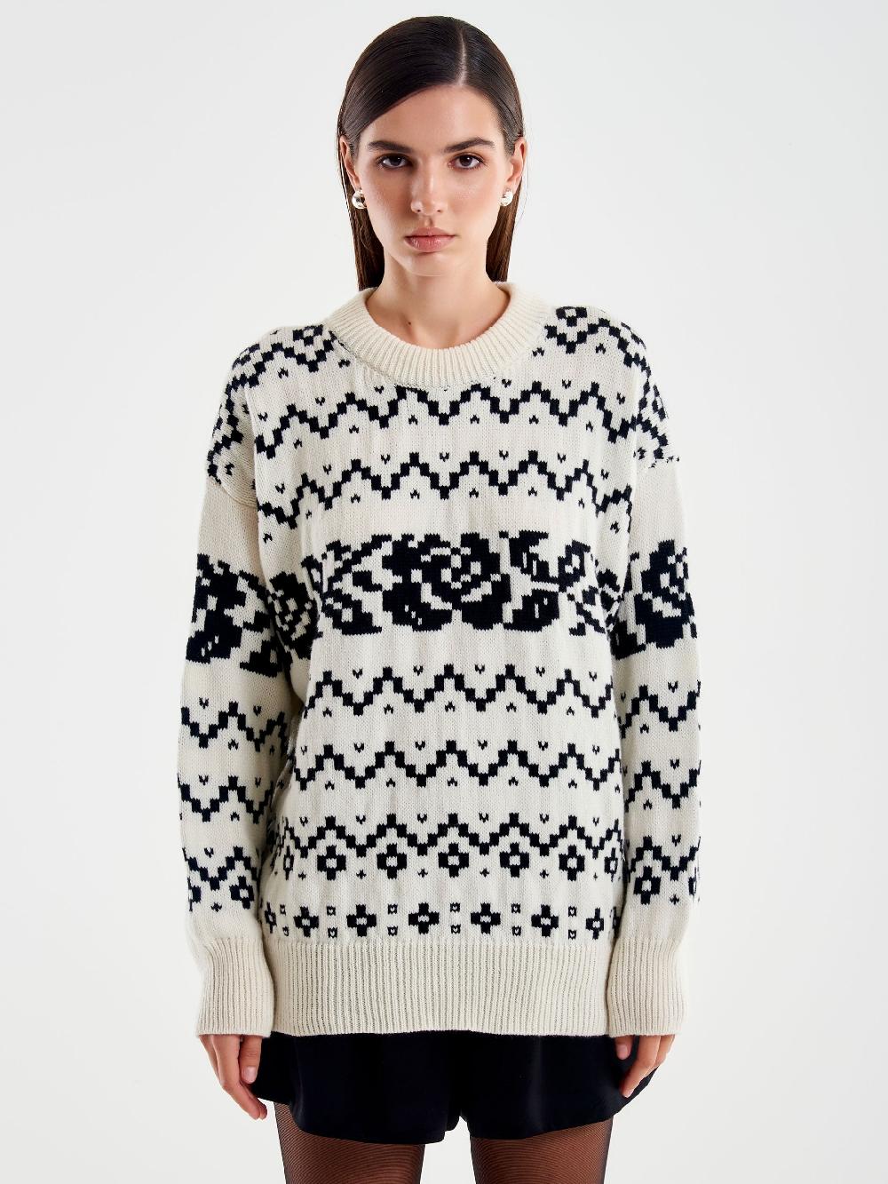 Vicolo Pull Jaquard Rose Stilizzate Bianco In Vendita