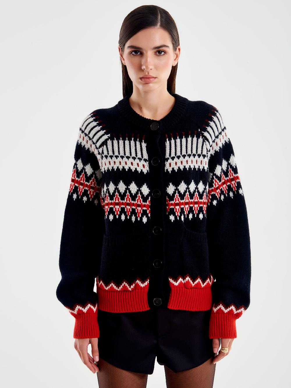 Vicolo Cardigan con Tasche Motivo Jaquard Nero Saldi