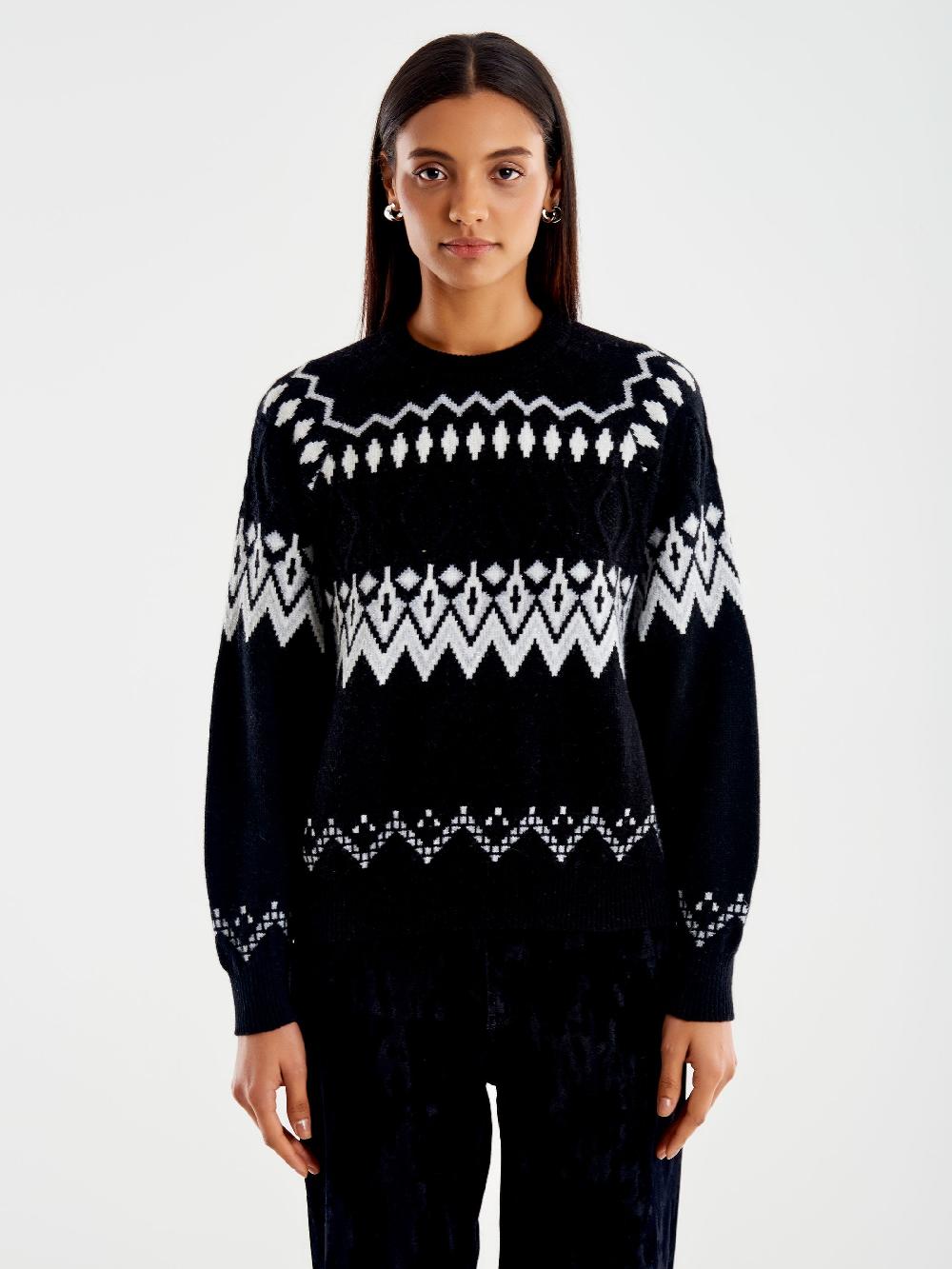 Vicolo Pull Jaquard in Maglia Nero Saldi Di Fabbrica