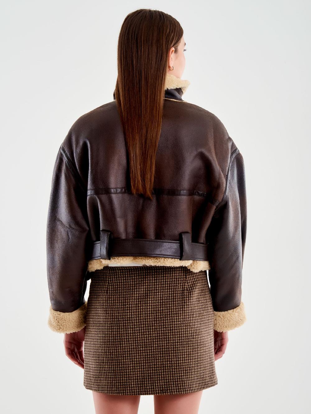 Vicolo Giubbotto Biker Cropped Effetto Scamosciato Marrone Italy