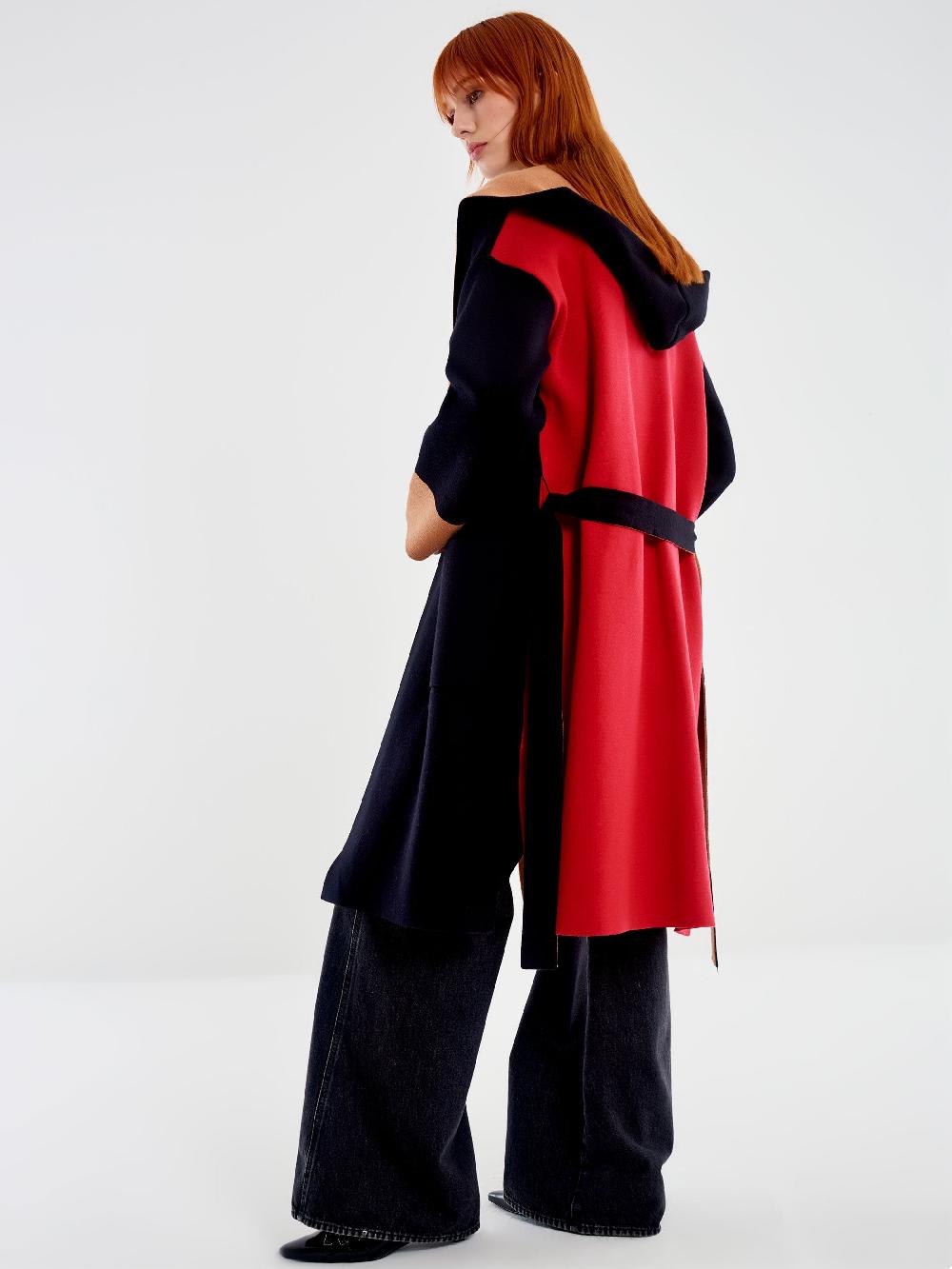 Vicolo Cappotto in Maglia Color Block con Cappuccio Nero In Linea