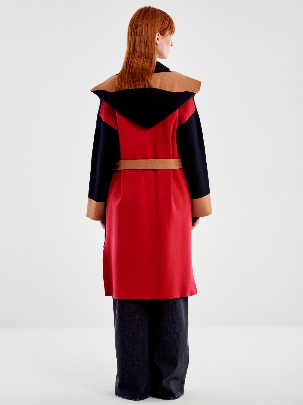 Vicolo Cappotto in Maglia Color Block con Cappuccio Nero In Linea