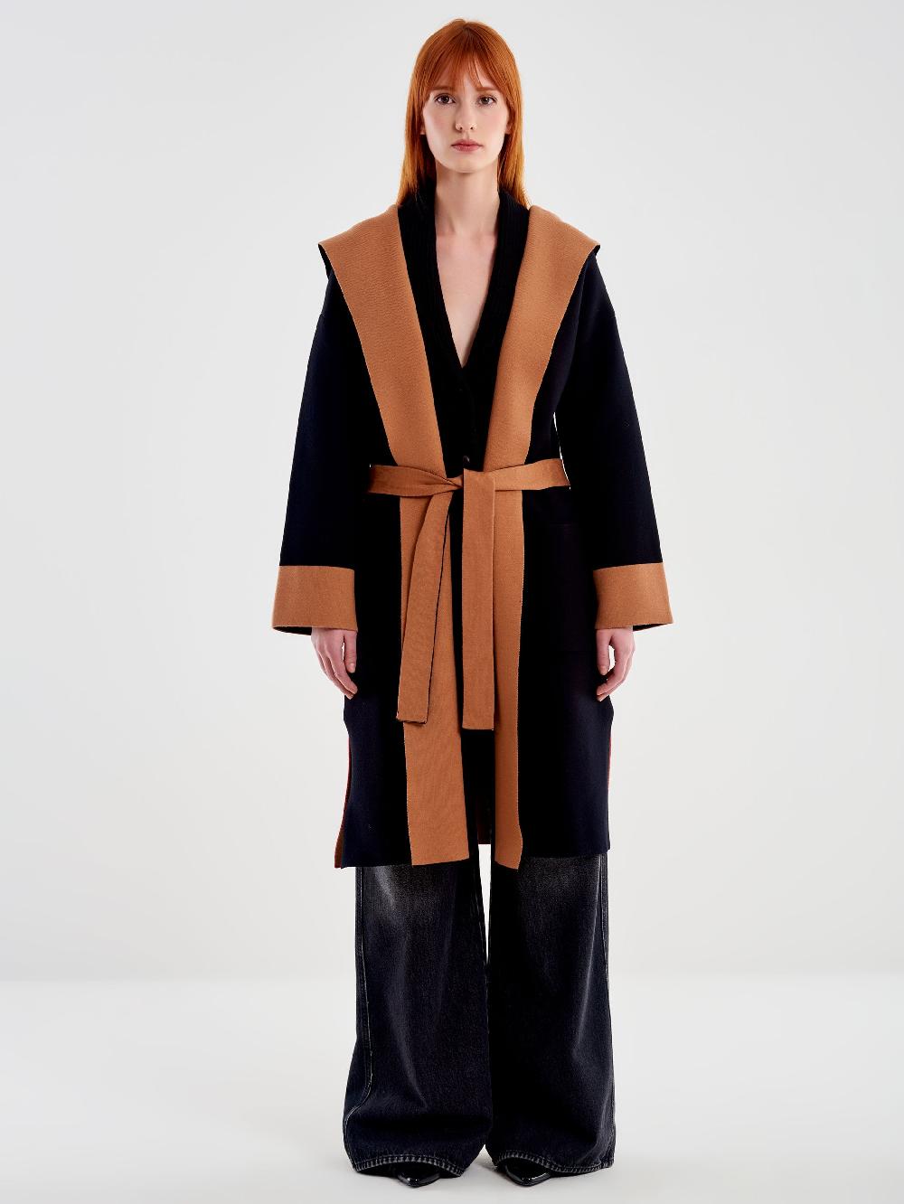 Vicolo Cappotto in Maglia Color Block con Cappuccio Nero In Linea