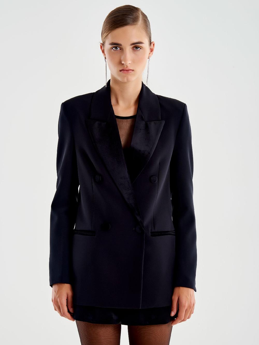 Vicolo Blazer Dettagli Velluto Doppiopetto Nero Prezzo Ridotto