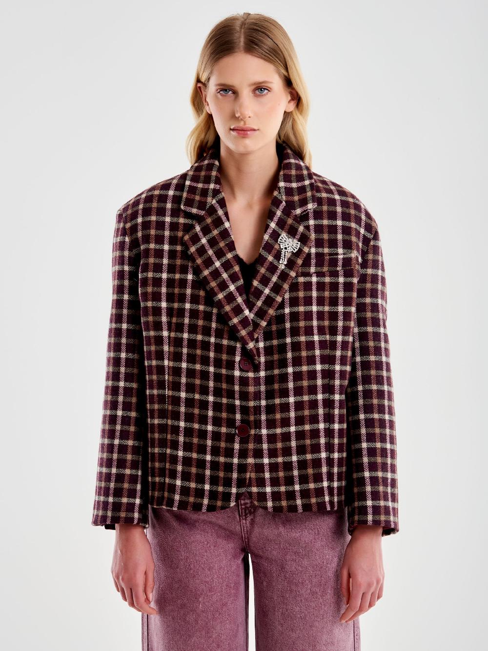 Vicolo Giacca Oversized Cropped a Quadri Bordeaux Sconto