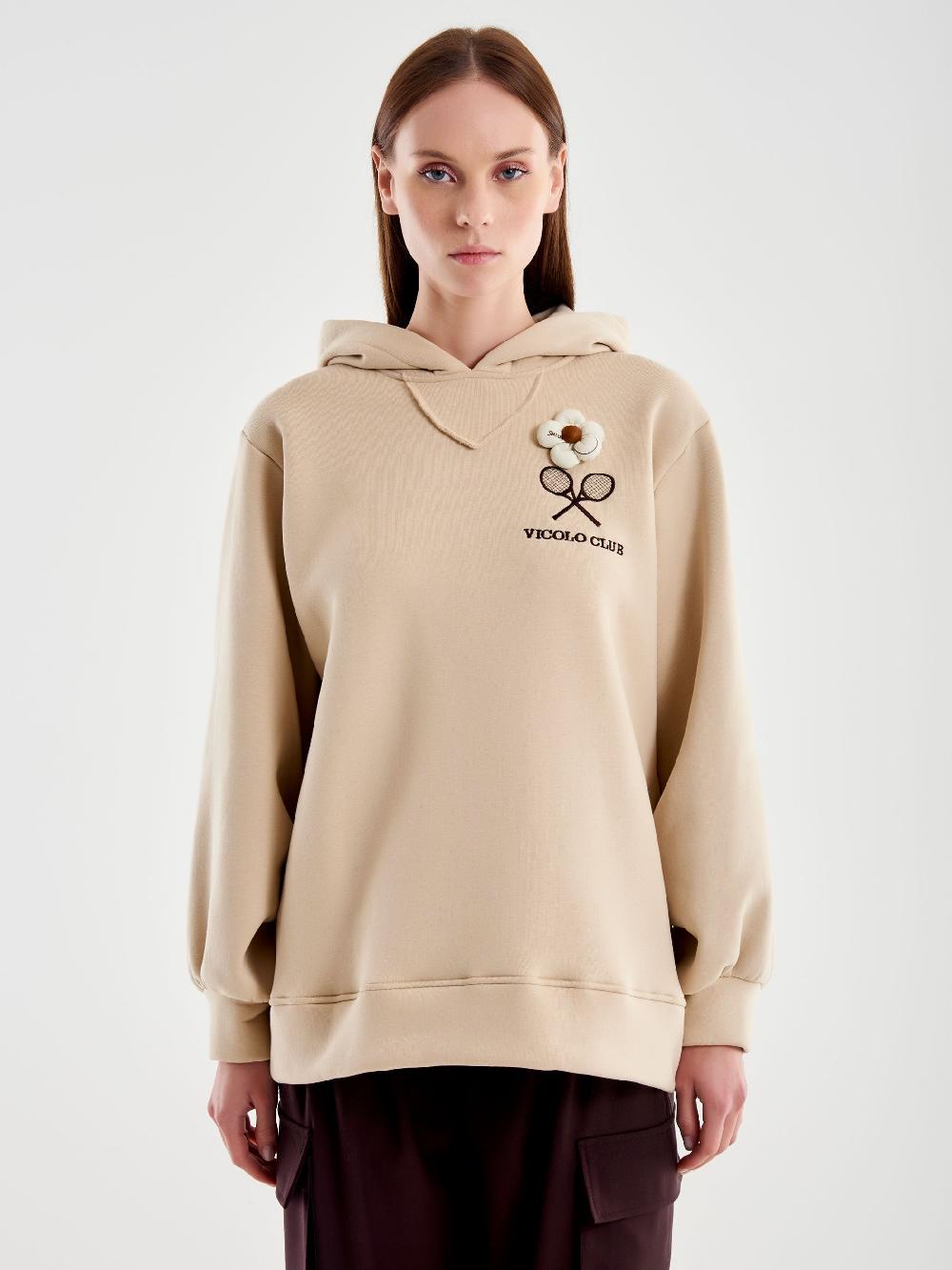 Vicolo Felpa Over con Cappuccio e Ricamo Beige Vendita Economica