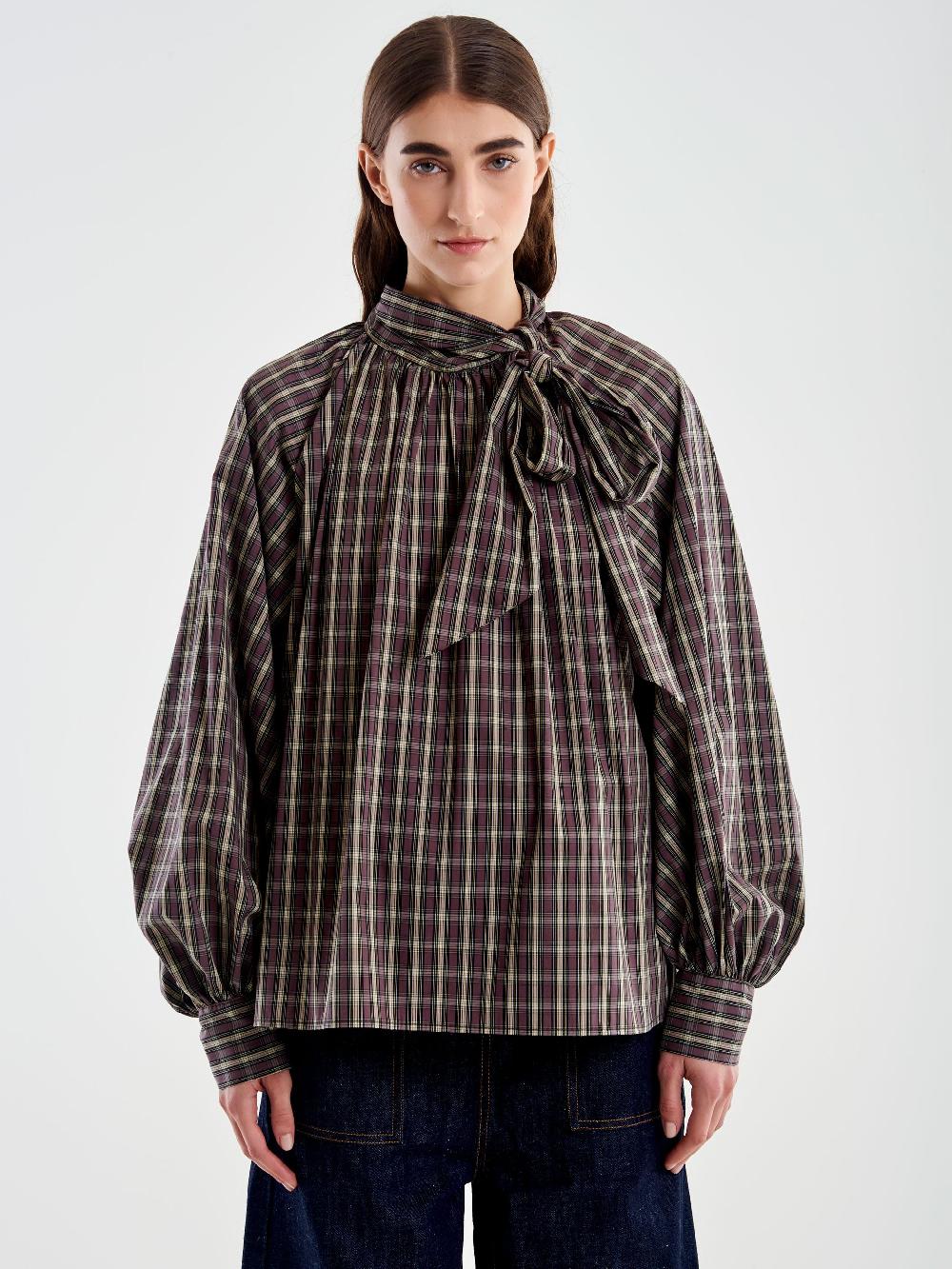 Vicolo Camicia Over Quadri con Fiocco Beige 50% di sconto con spedizione gratuita
