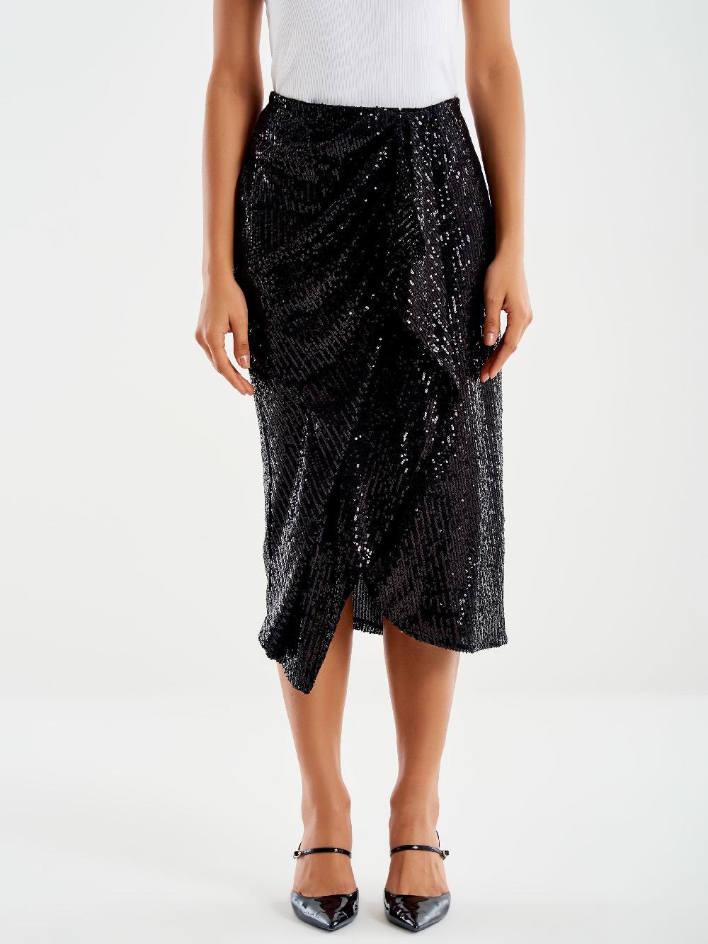 Vicolo Gonna Midi Drappeggiata in Paillettes Nero Vendita Calda