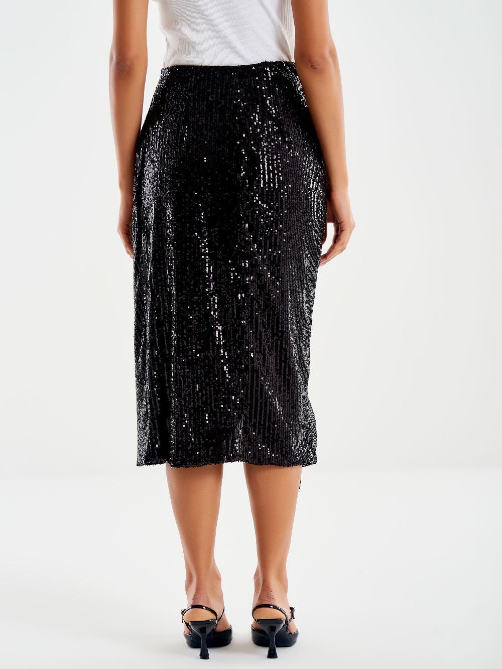 Vicolo Gonna Midi Drappeggiata in Paillettes Nero Vendita Calda