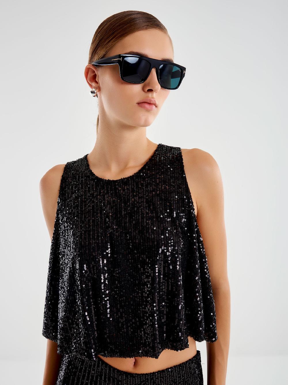 Vicolo Top Cropped a Ruota in Paillettes Nero Nuovo