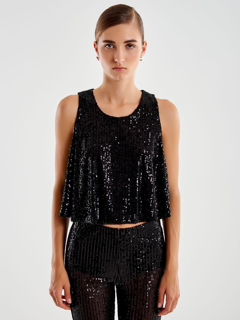 Vicolo Top Cropped a Ruota in Paillettes Nero Nuovo