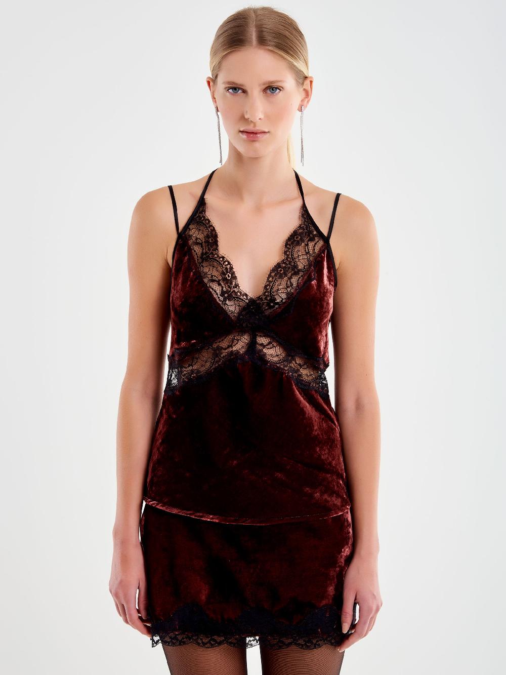 Vicolo Top in Pizzo e Velluto Bordeaux Spedizione Gratuita