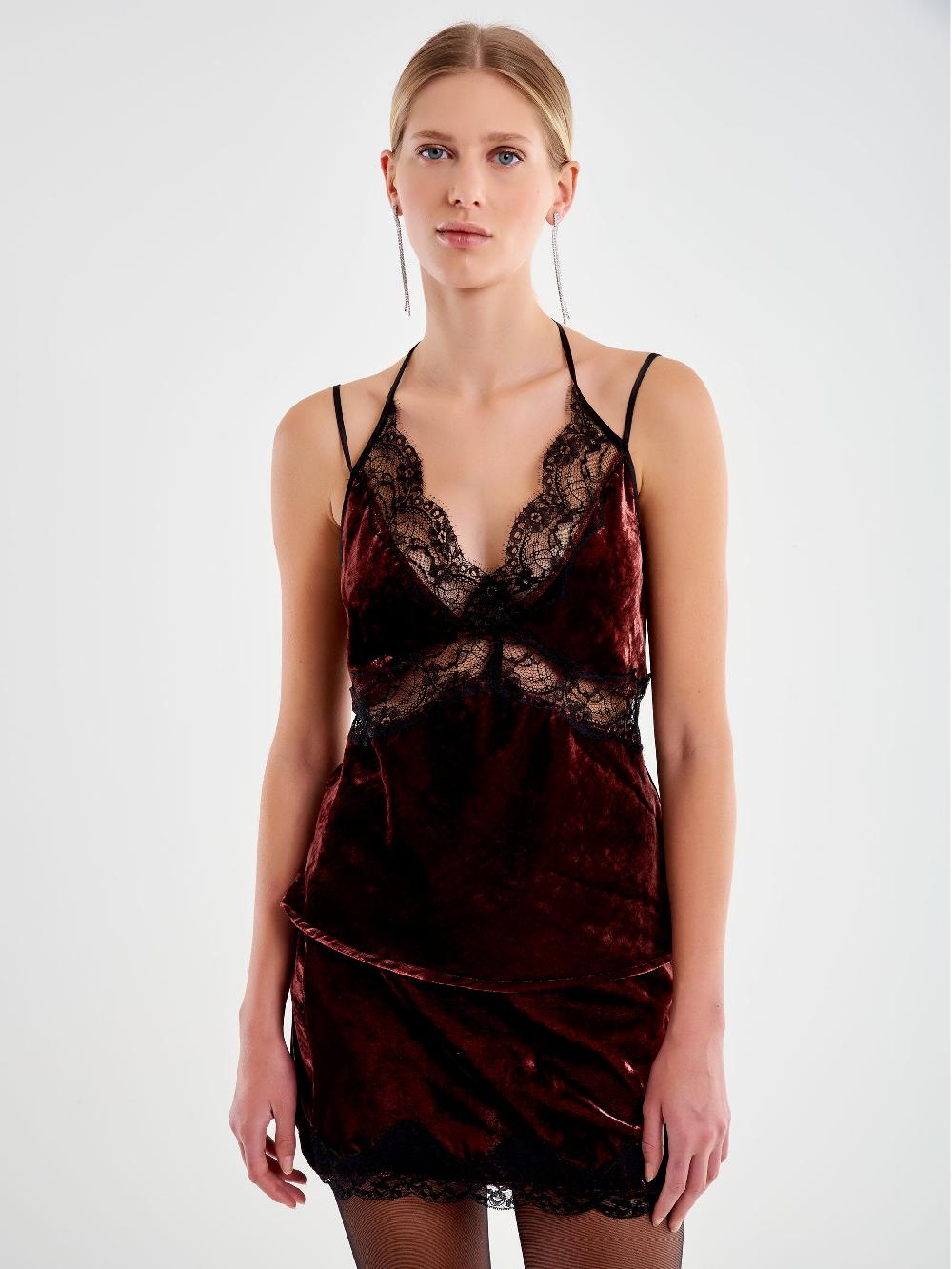 Vicolo Top in Pizzo e Velluto Bordeaux Spedizione Gratuita