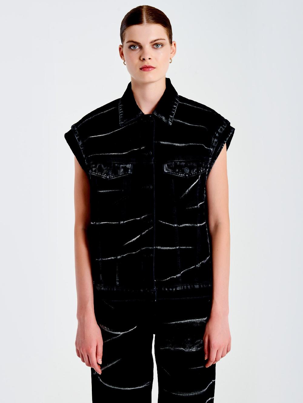 Vicolo Gilet in Jeans Effetto ZebratoNero Vendita Calda