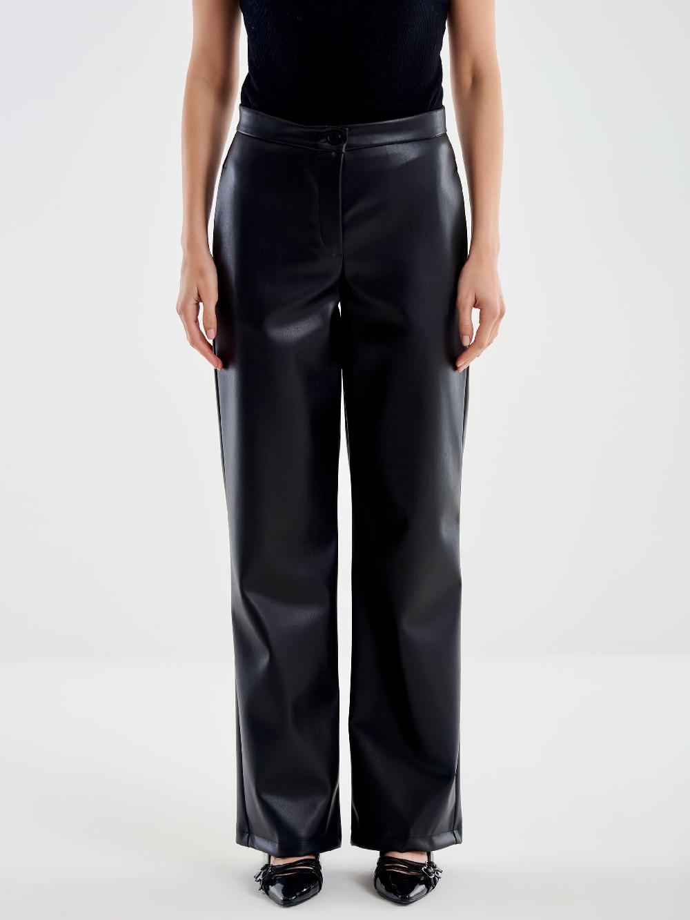 Vicolo Pantalone Straight Effetto Pelle Nero Sconto