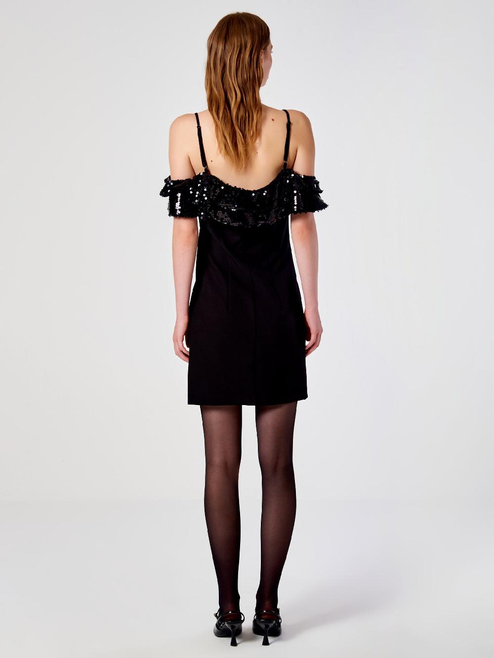 Vicolo Abito Mini con Rouches e Paillettes Nero Nuovo