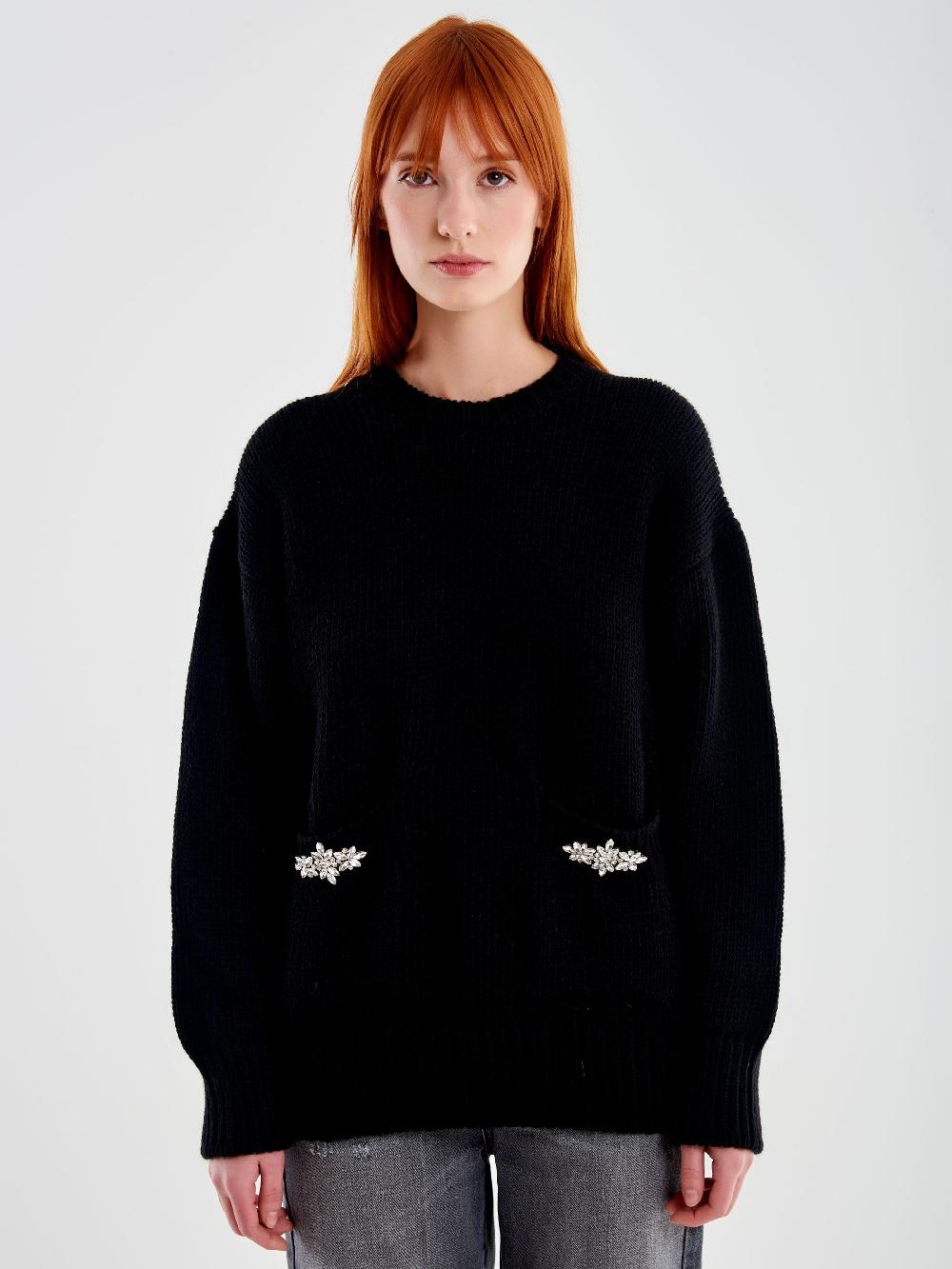 Vicolo Pull Girocollo con Cabochon Tasche Nero Shopping Online