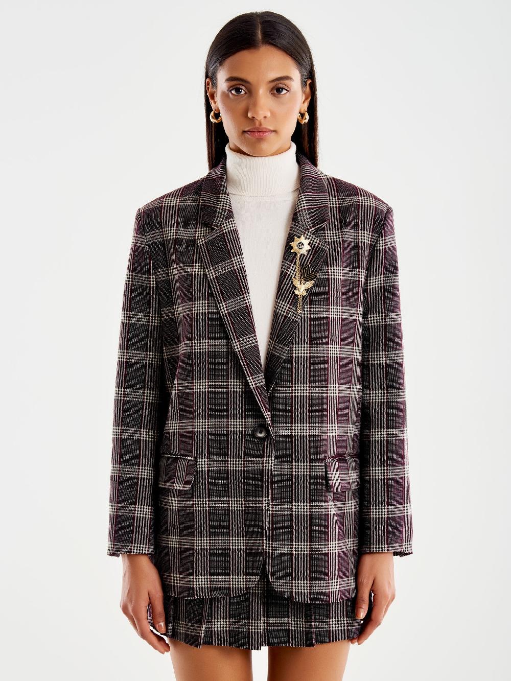Vicolo Blazer Check Over Monopetto con Spilla Bordeaux Online
