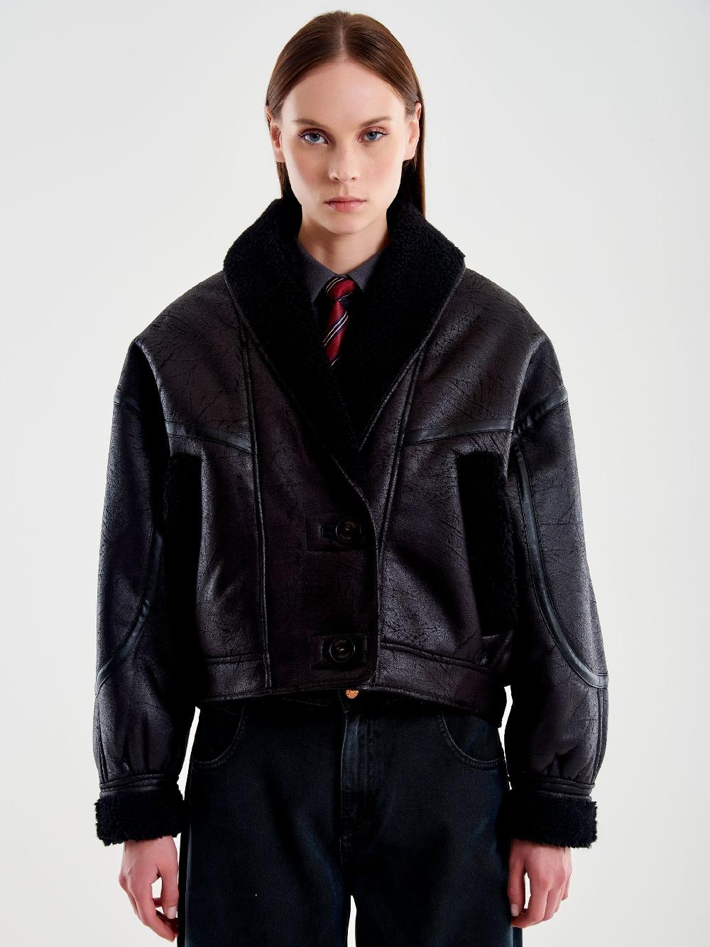 Vicolo Giubbotto Oversized effetto Pelle Nero Saldi