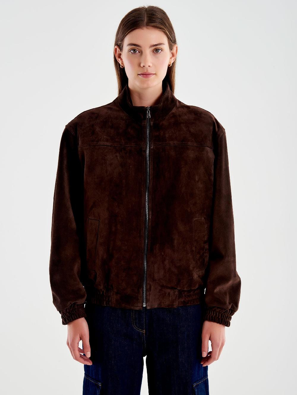 Vicolo Bomber in Pelle Scamosciato Marrone Vendita Calda